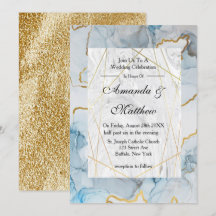 Invitaciones a la boda de la Dusty Blue y Gold Mar
