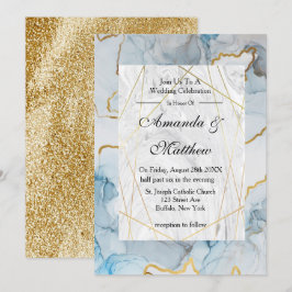 Invitaciones a la boda de la Dusty Blue y Gold Mar