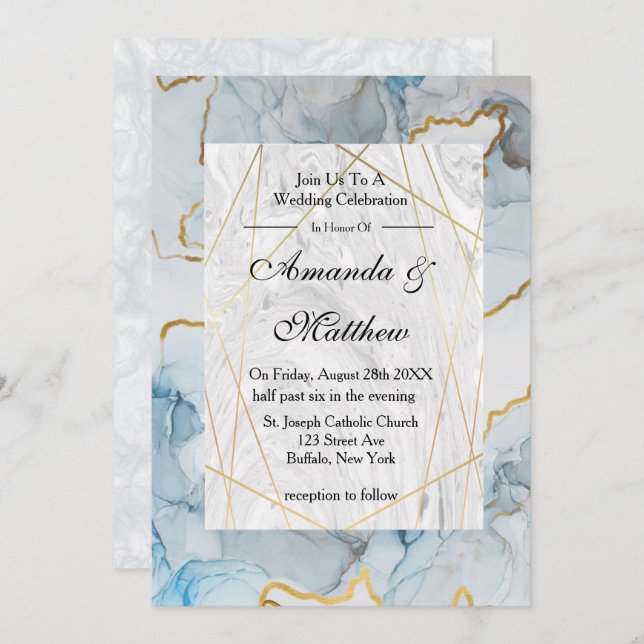 Invitaciones a la boda de la Dusty Blue y Gold Mar (Anverso / Reverso)