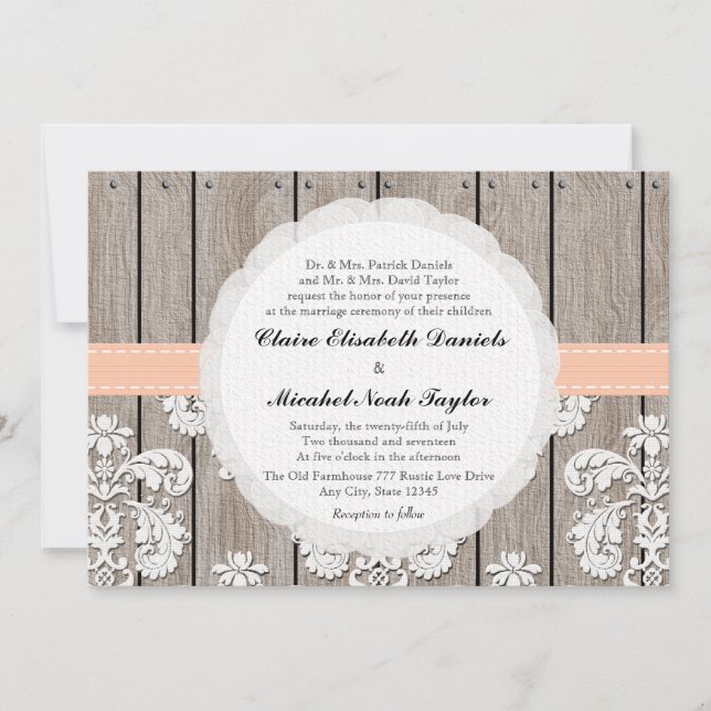 Invitaciones a la boda de la encaje de madera de c (Anverso)
