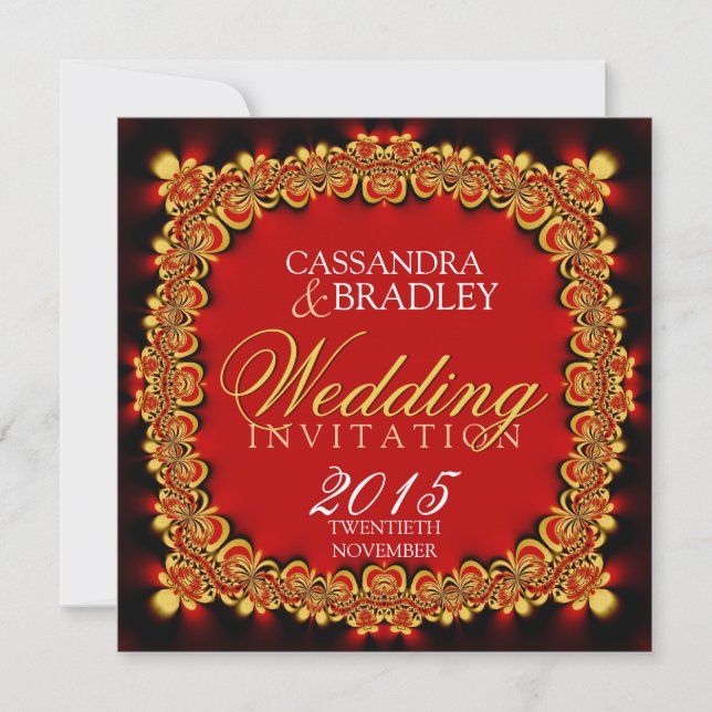 Invitaciones a la boda de la encaje de oro rojo de (Anverso)