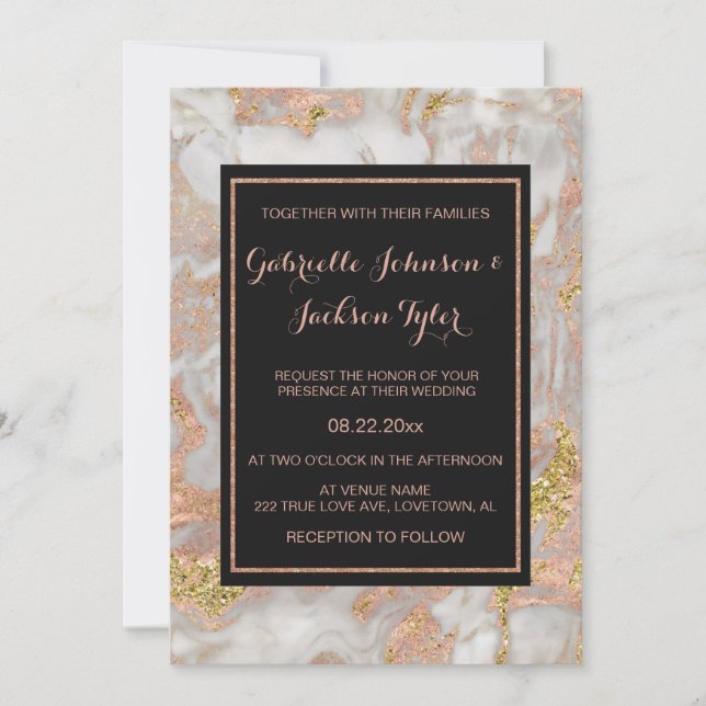 Invitaciones a la boda de la Faux Rosa Gold Marble (Anverso)