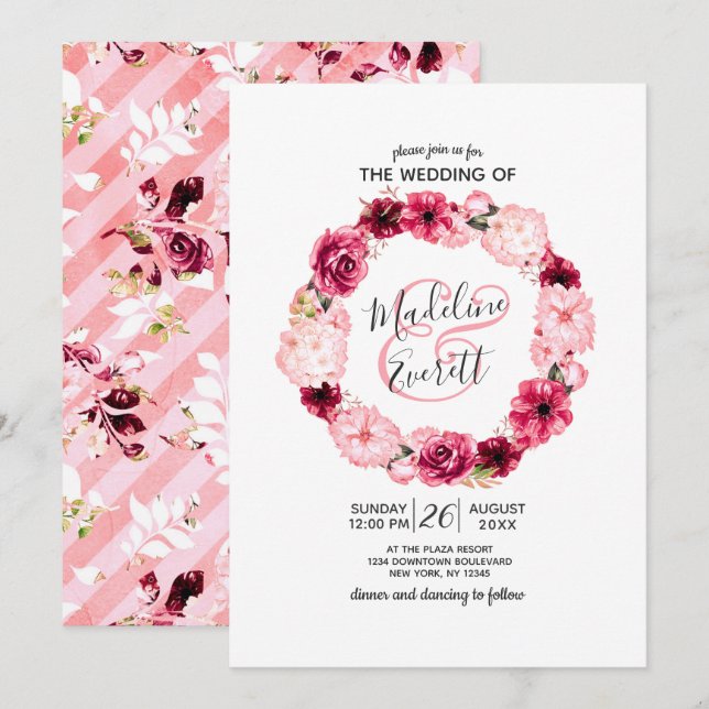 Invitaciones a la boda de la flor rosa y borgoñona (Anverso / Reverso)