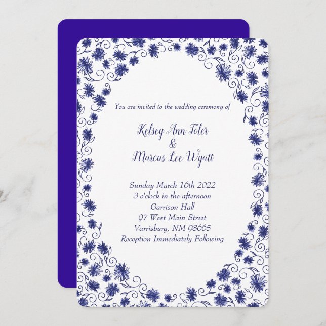 Invitaciones a la boda de la flor Royal Blue Aster (Anverso / Reverso)
