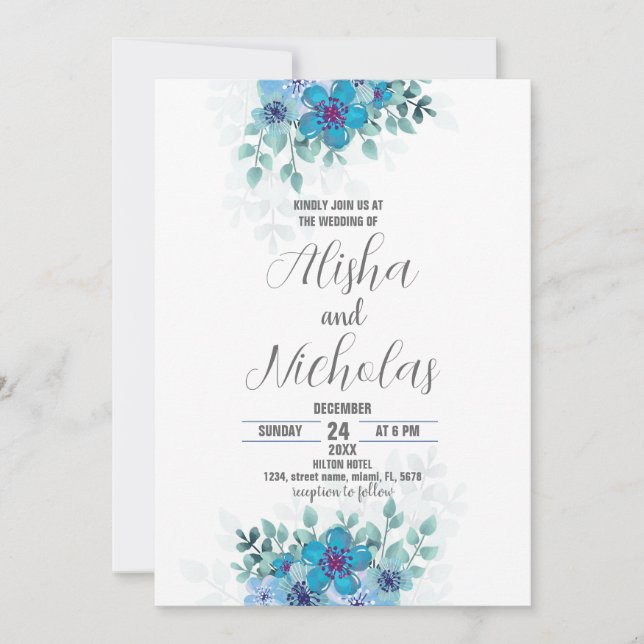 Invitaciones a la boda de la Flor Verde Azul (Anverso)