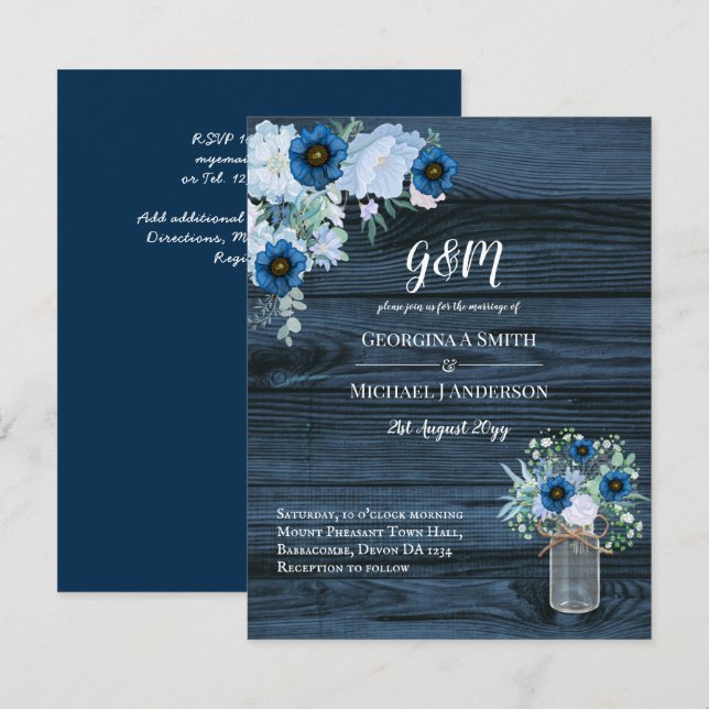 Invitaciones a la boda de la floral azul rusa Maso (Anverso / Reverso)