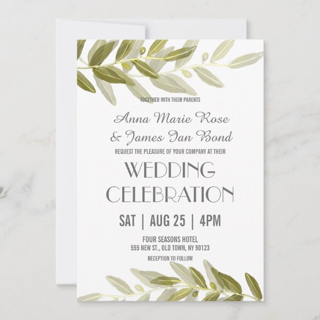 Invitaciones a la boda de la hoja de oliva verde (Anverso)