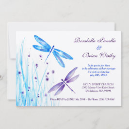 Invitaciones a la boda de la libélula azul y púrpu