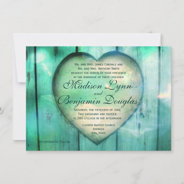 Invitaciones a la boda de la Madera de Heart Aqua (Anverso)
