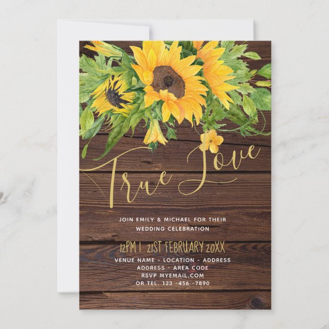 Invitaciones a la boda de la madera de los girasol (Anverso)
