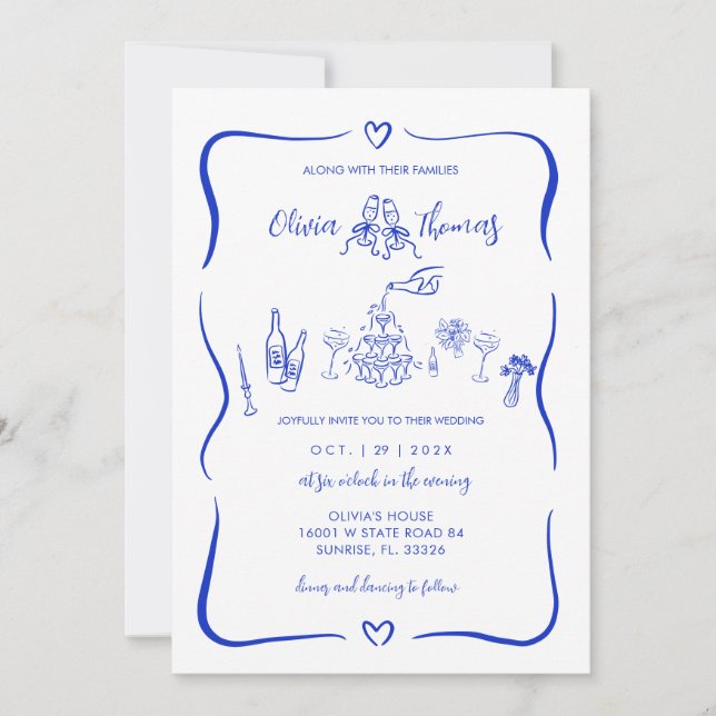 Invitaciones a la boda de la Mano Azul dibujadas c (Anverso)