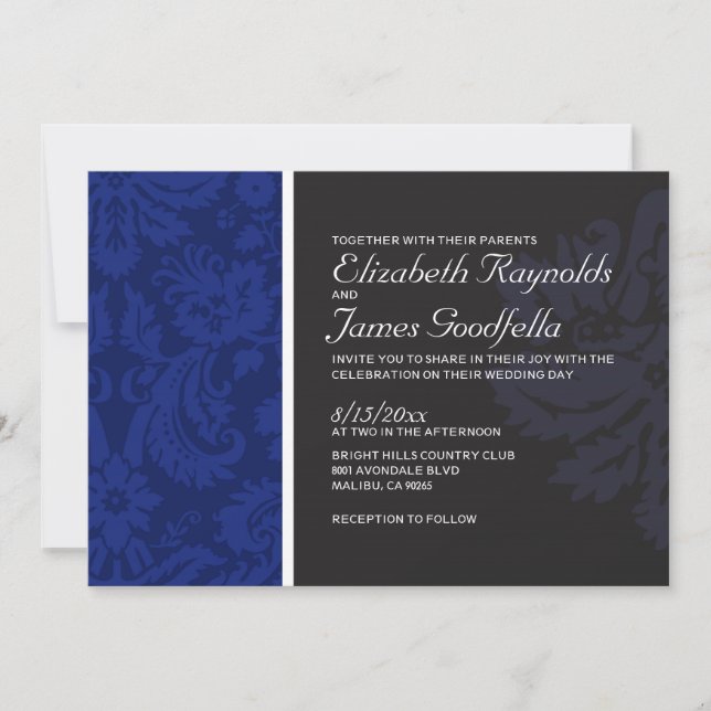 Invitaciones a la boda de la Marina Blue Damask (Anverso)