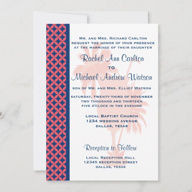 Invitaciones a la boda de la playa azul Coral y Ma (Anverso)