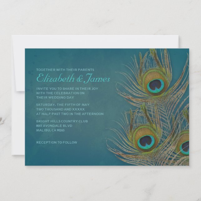 Invitaciones a la boda de la pluma de pavo real (Anverso)