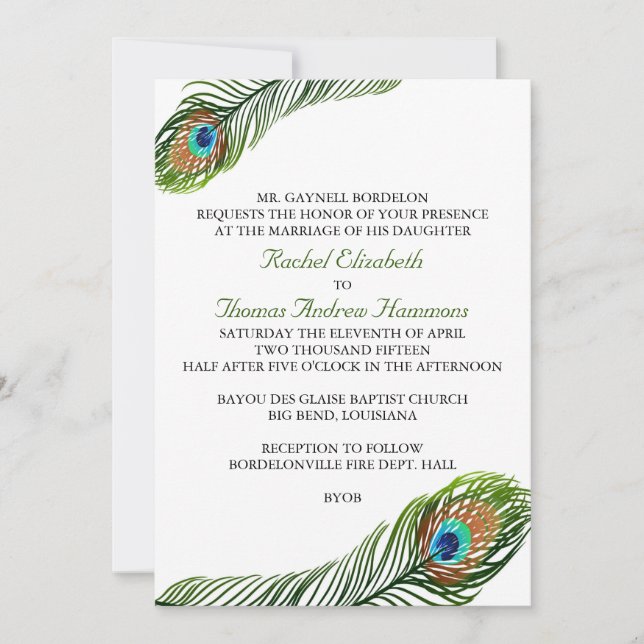 Invitaciones a la boda de la pluma de pavo real (Anverso)