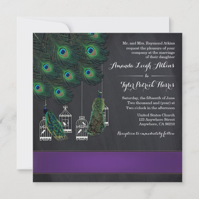 Invitaciones a la boda de la pluma de pavo real co (Anverso)
