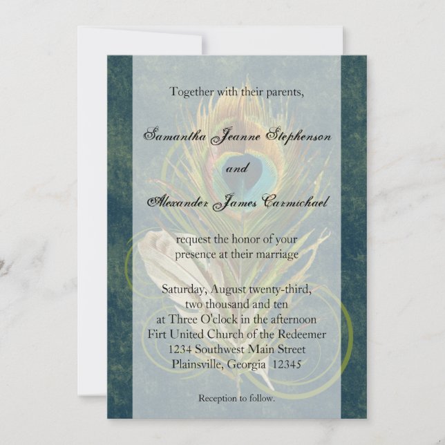 Invitaciones a la boda de la pluma de pavo real co (Anverso)