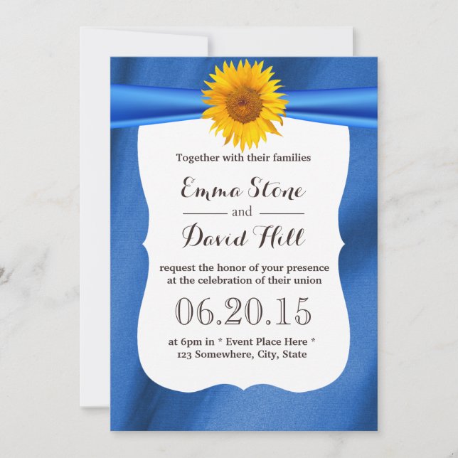 Invitaciones a la boda de la tela azul de girasol  (Anverso)