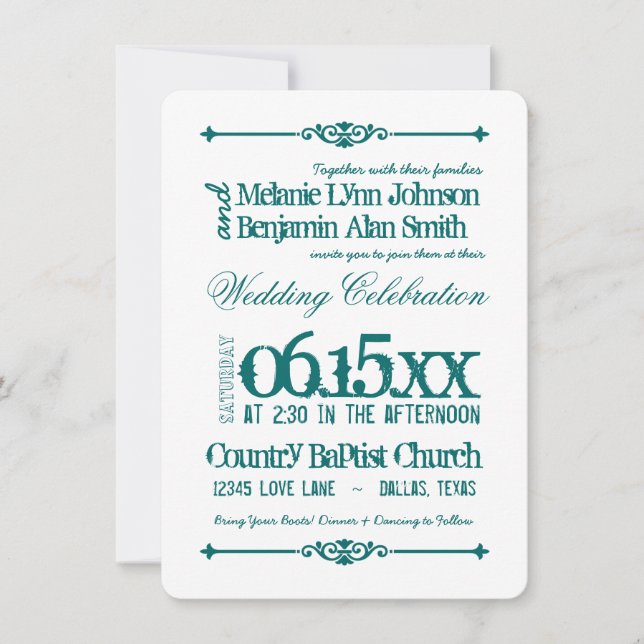 Invitaciones a la boda de la tipografía turquesa V (Anverso)