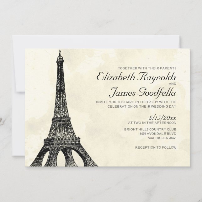 Invitaciones a la boda de la Torre Eiffel Antigua (Anverso)