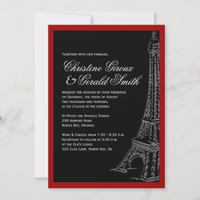 Invitaciones a la boda de la Torre Eiffel Rojo y N (Anverso)
