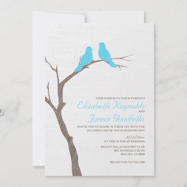 Invitaciones a la boda de las aves azules modernas (Anverso)