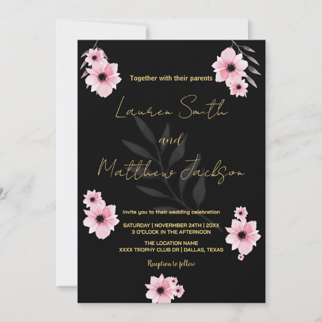 Invitaciones a la boda de las flores negras rosada (Anverso)