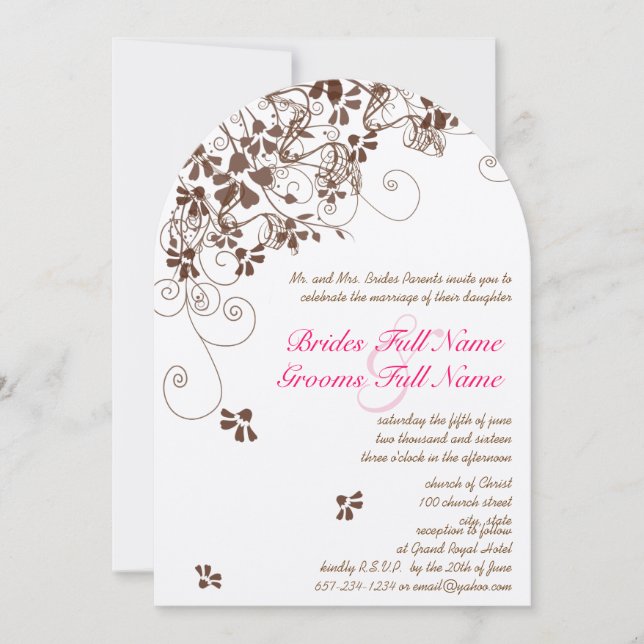 Invitaciones a la boda de las flores rosas y marro (Anverso)