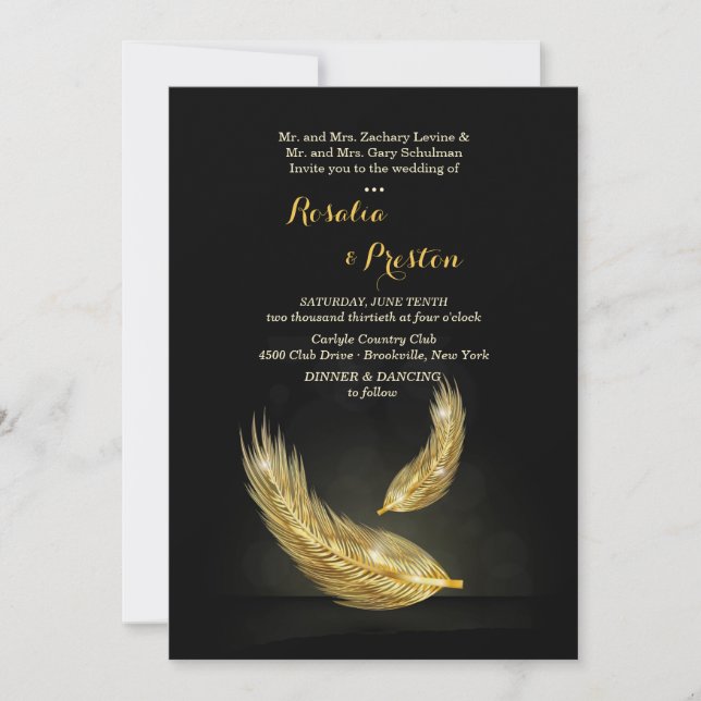 Invitaciones a la boda de las plumas doradas (Anverso)