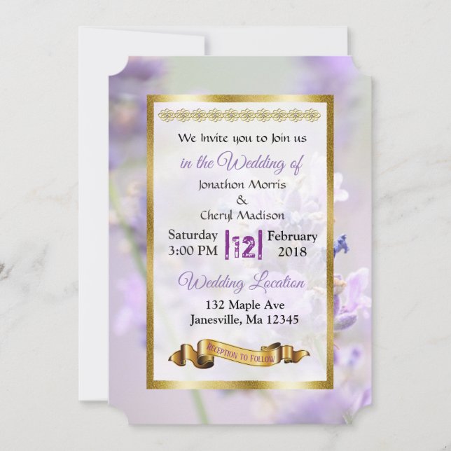 Invitaciones a la boda de lavanda morada y dorada (Anverso)