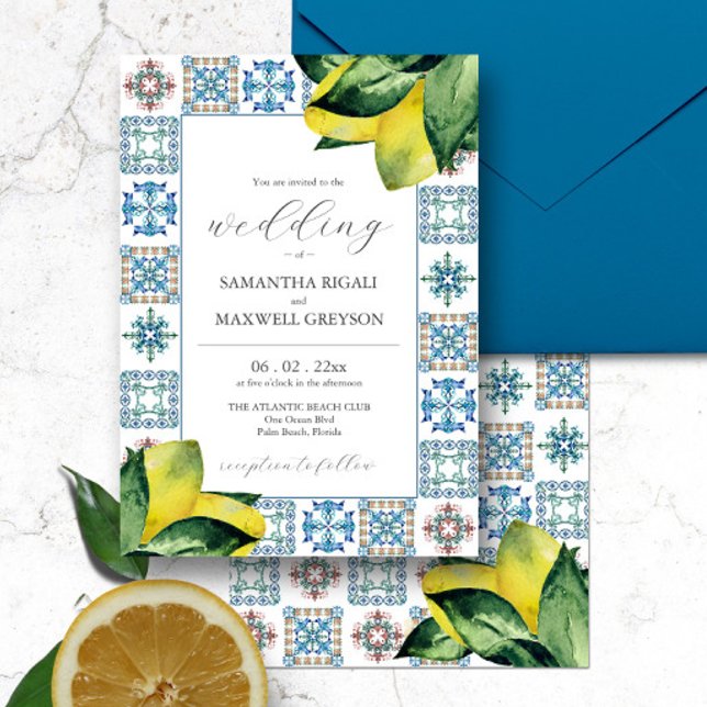 Invitaciones a la boda de limón Amalfi Tile & Wate (Italian destination wedding Amalfi tile and watercolor lemon art by Victoria Grigaliunas )