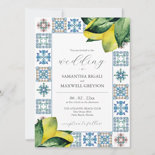Invitaciones a la boda de limón Amalfi Tile & Wate (Anverso)