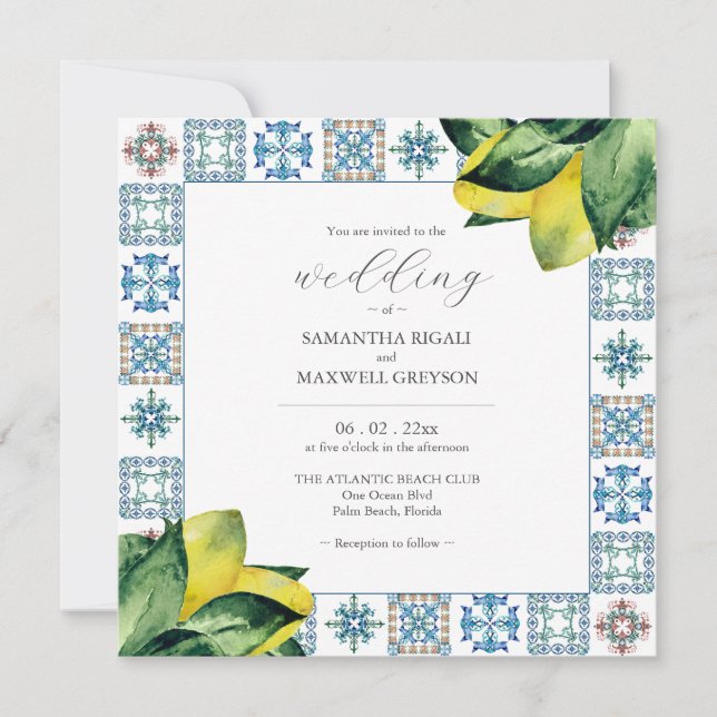 Invitaciones a la boda de limón Amalfi Tile & Wate (Anverso)