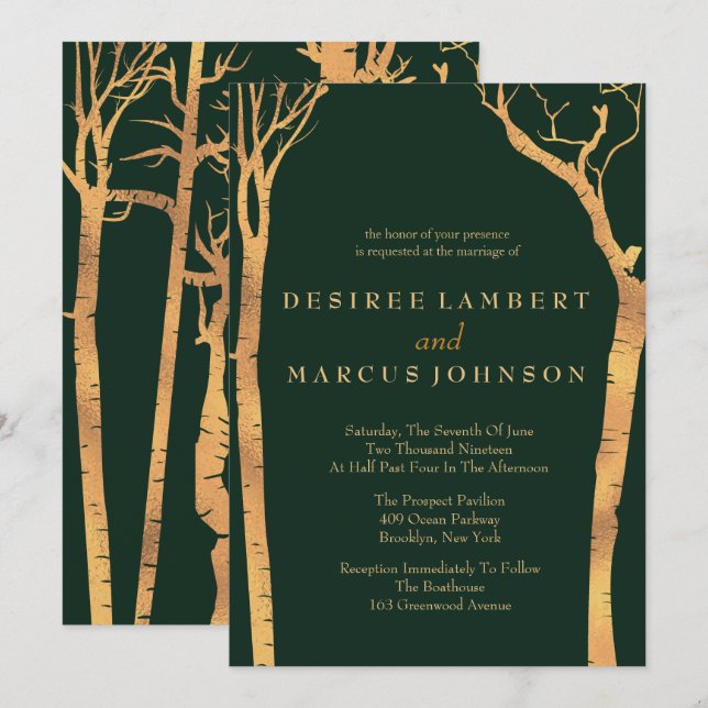 Invitaciones a la boda de los Árboles Birch de Oro (Anverso / Reverso)