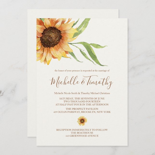Invitaciones a la boda de los girasoles del país (Anverso / Reverso)