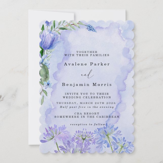 Invitaciones a la boda de Lotus Floral Morado y Az (Anverso)
