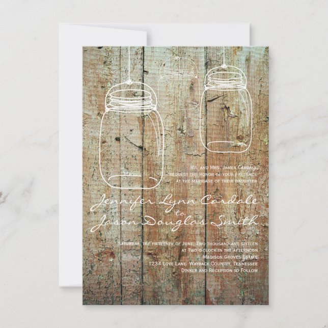 Invitaciones a la Boda de Madera de Mason Jars Bar (Anverso)