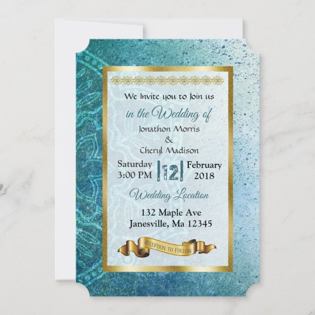 Invitaciones a la boda de manala azul y oro de piz (Anverso)