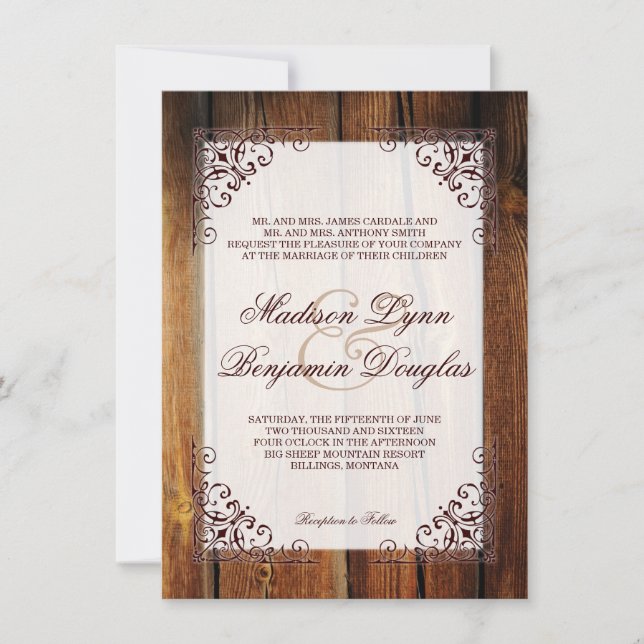 Invitaciones a la boda de marco de madera rústica  (Anverso)