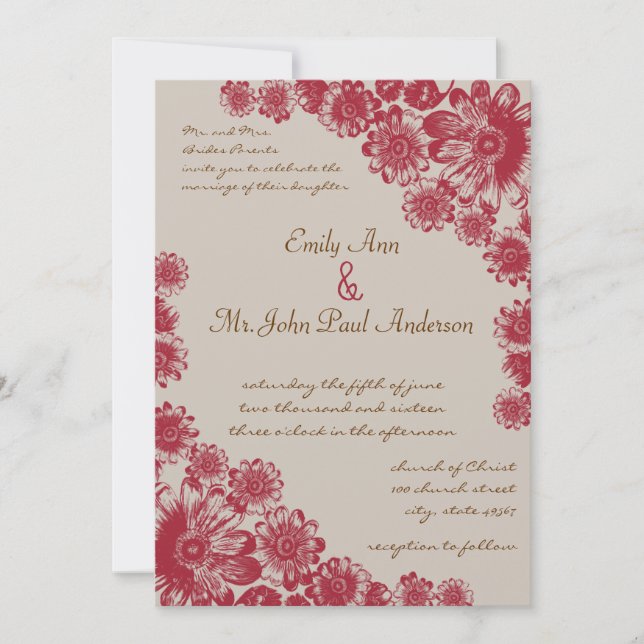 Invitaciones a la boda de marea roja y beige (Anverso)