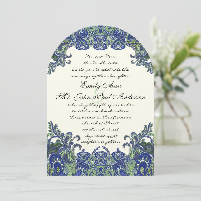Invitaciones a la boda de marfil de pavo real azul (Anverso de pie)