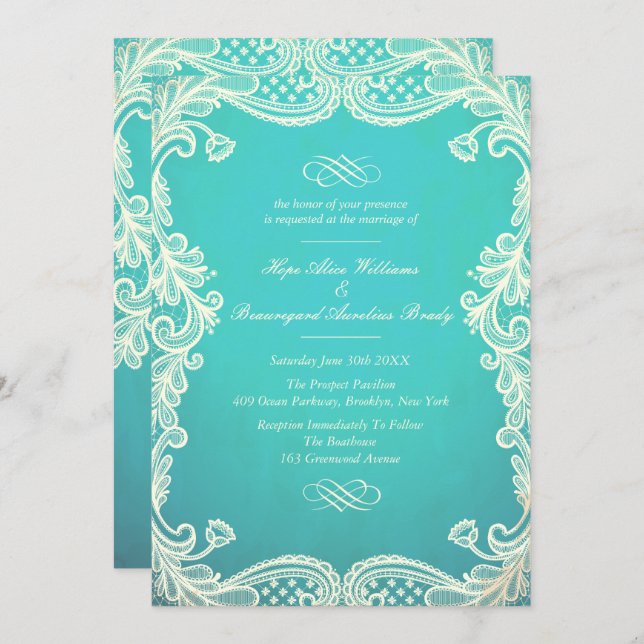 Invitaciones a la boda de marfil y encaje de menta (Anverso / Reverso)