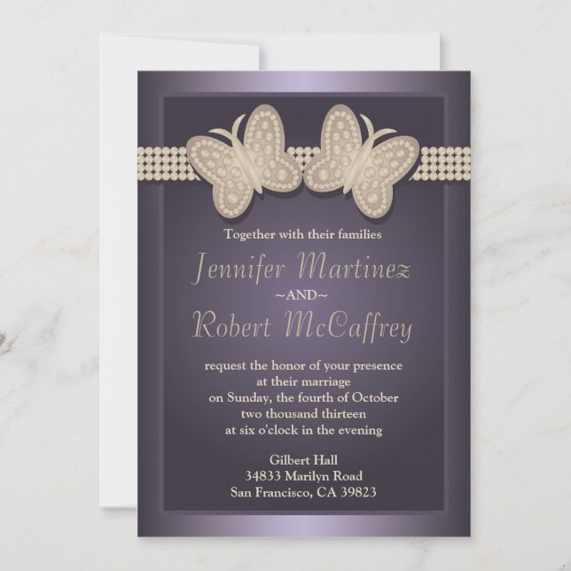 Invitaciones a la boda de mariposa con tintes mora (Anverso)