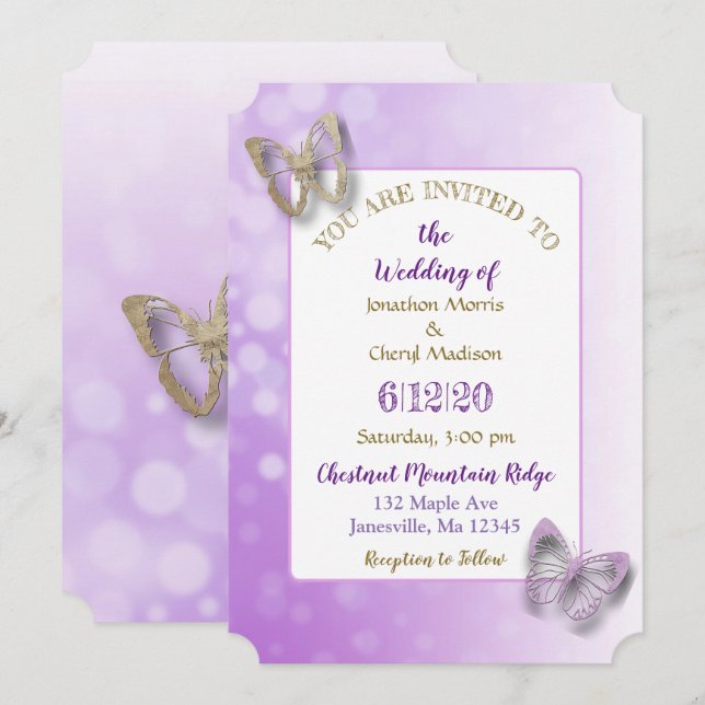 Invitaciones a la boda de mariposa morada (Anverso / Reverso)