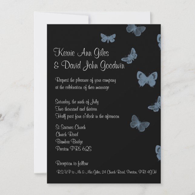 Invitaciones a la boda de mariposas azules y negra (Anverso)