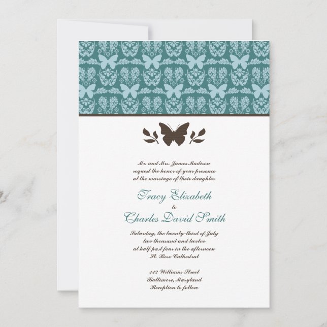Invitaciones a la boda de mariposas marrones Verde (Anverso)