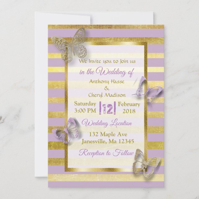 Invitaciones a la boda de mariposas moradas y dora (Anverso)