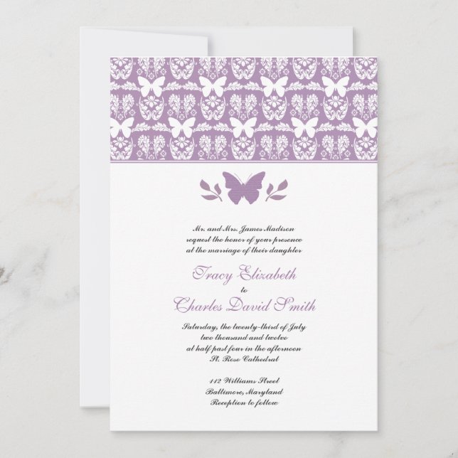 Invitaciones a la boda de mariposas púrpura (Anverso)