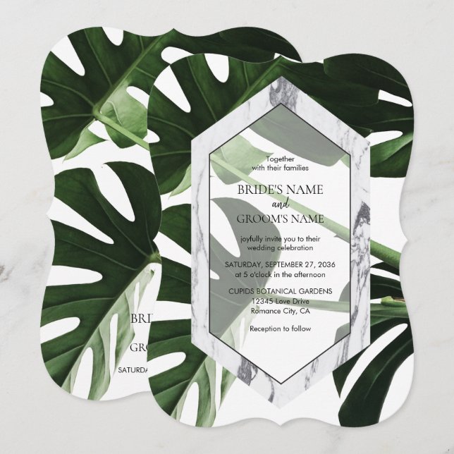 Invitaciones a la Boda de Mármol de Monstera Tropi (Anverso / Reverso)