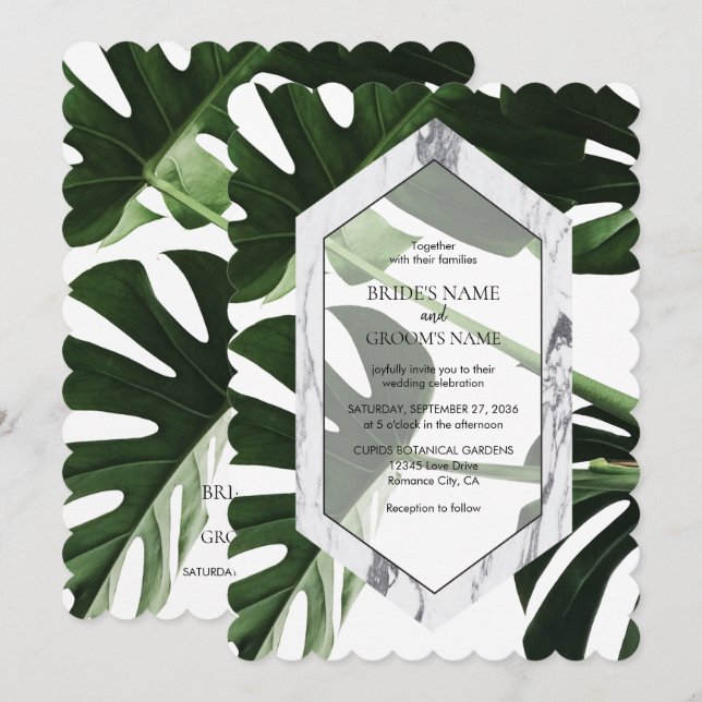 Invitaciones a la Boda de Mármol de Monstera Tropi (Anverso / Reverso)